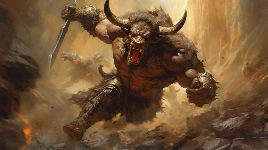A mythical depiction of the Minotaur, a half-human, half-bull creature from ancient Greek mythology. The Minotaur is portrayed with a muscular humanoid body and a bull's head, exuding an air of mystery and strength.