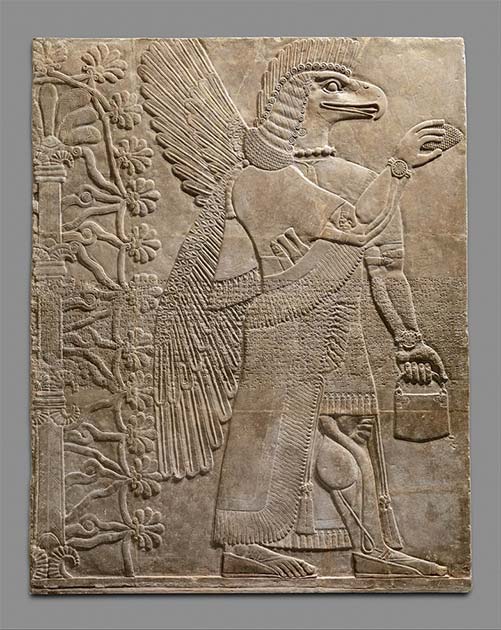 Handbags of the Gods, Assyrian relief carving from Nimrud, 883 to 859 B.C. (Public domain)